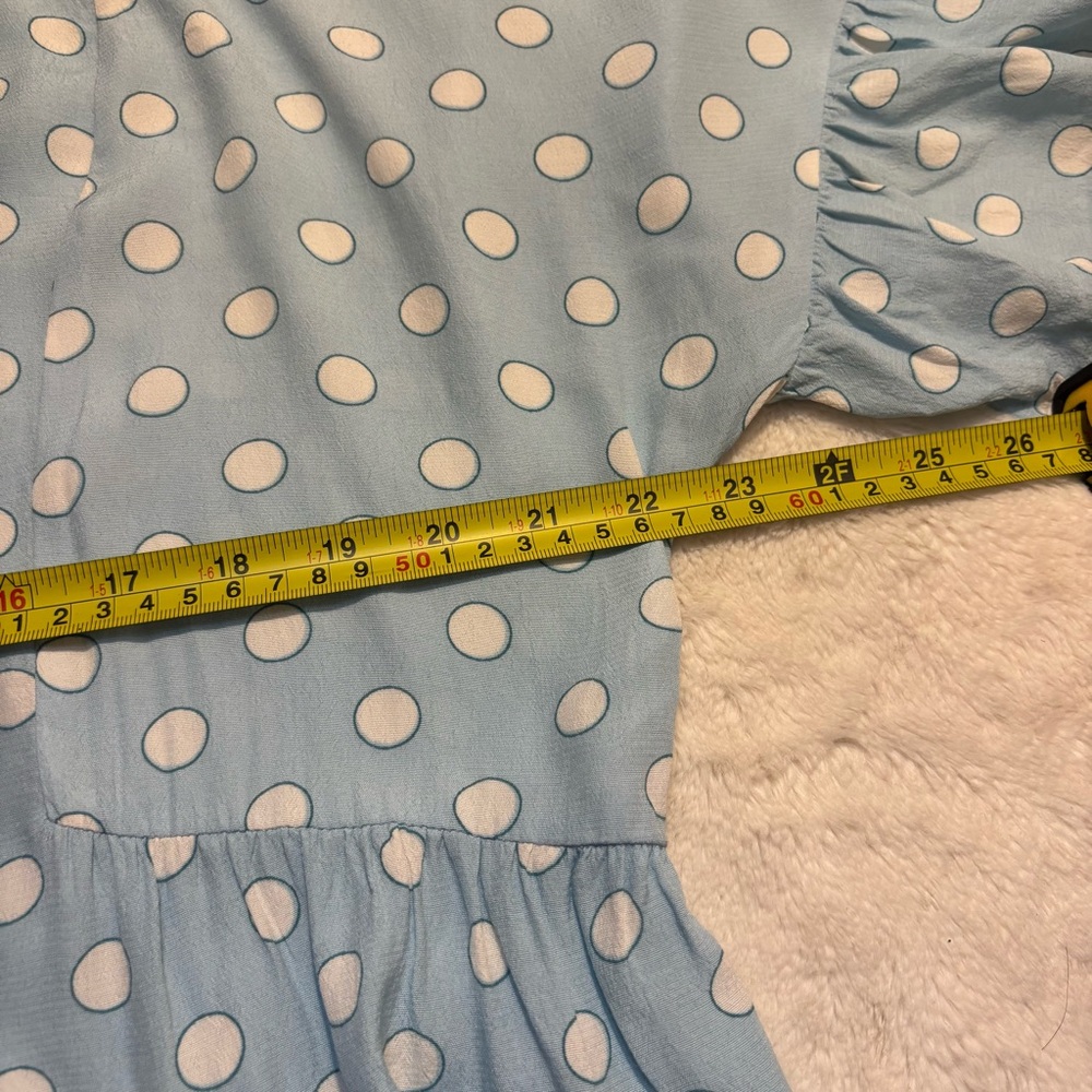 Boden Blouse Sz 12 Caroline Lt Blue White Polka Dot Peplum Viscose Cottagecore - Picture 14 of 16